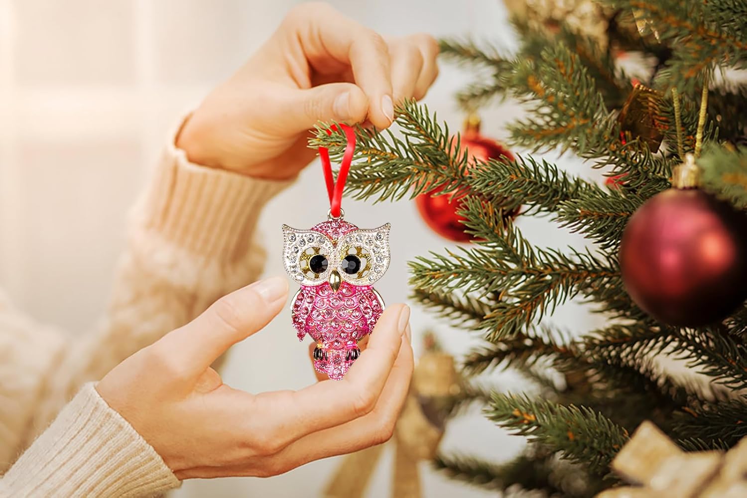 WaaHome Adornos de Navidad de búho de metal 2024, decoración de búho rosa, adornos de árbol de Navidad, adornos de Navidad de búho, regalos para