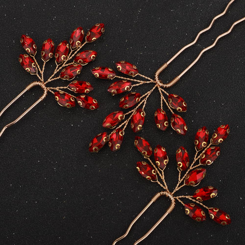 Juego de 3 horquillas de cristal para novia, con diamantes de imitación rojos, accesorios para el cabello para novia, hechos a mano, rojo, azul,