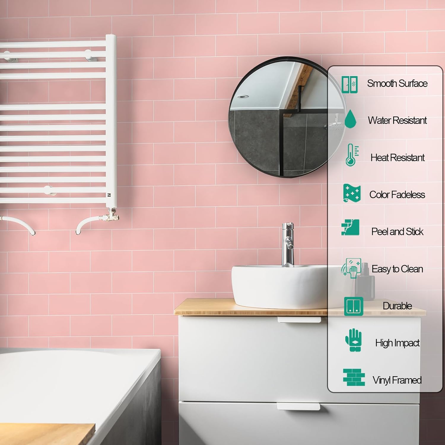 10 hojas de azulejos en muro con adhesivo enmarcado en azulejos de pared para cocina, baño, chimenea, caravanas y más (11.9 x 12.2 pulgadas, rosa
