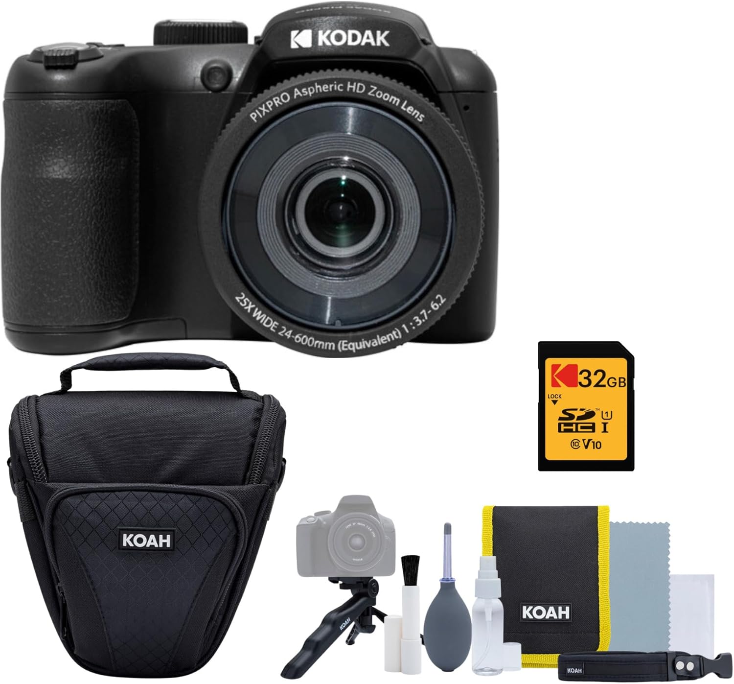 Kodak PIXPRO AZ255 Astro Zoom – Cámara digital de 16 MP (negro) – Fotografía de alta resolución con zoom óptico 25X – Paquete perfecto de cámara de