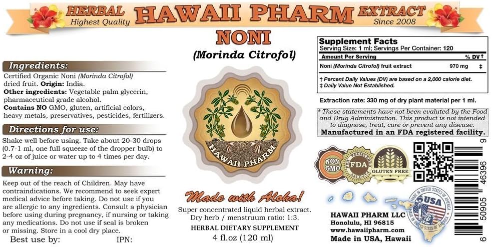 HawaiiPharm Extracto líquido de noni, tintura orgánica de Noni (Morinda citrifolia), suplemento herbario, fabricado en EE. UU., 4 onzas líquidas