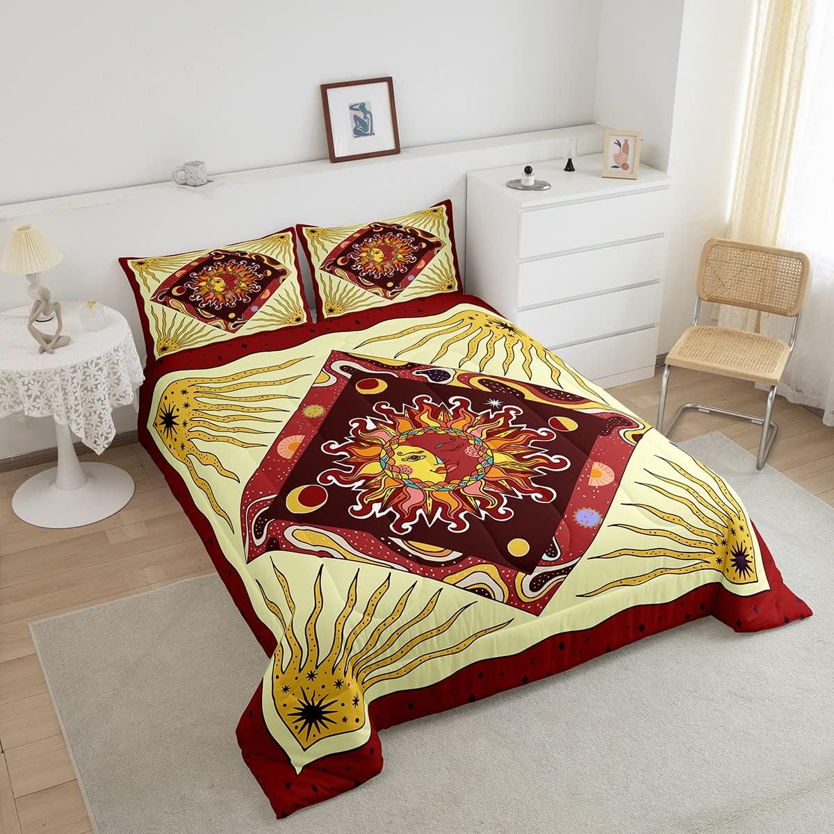 Sun Moon – Juego de edredón para niños, tamaño Queen, juego de ropa de cama psicodélico de cielo estrellado y galaxia, decoración de habitación de