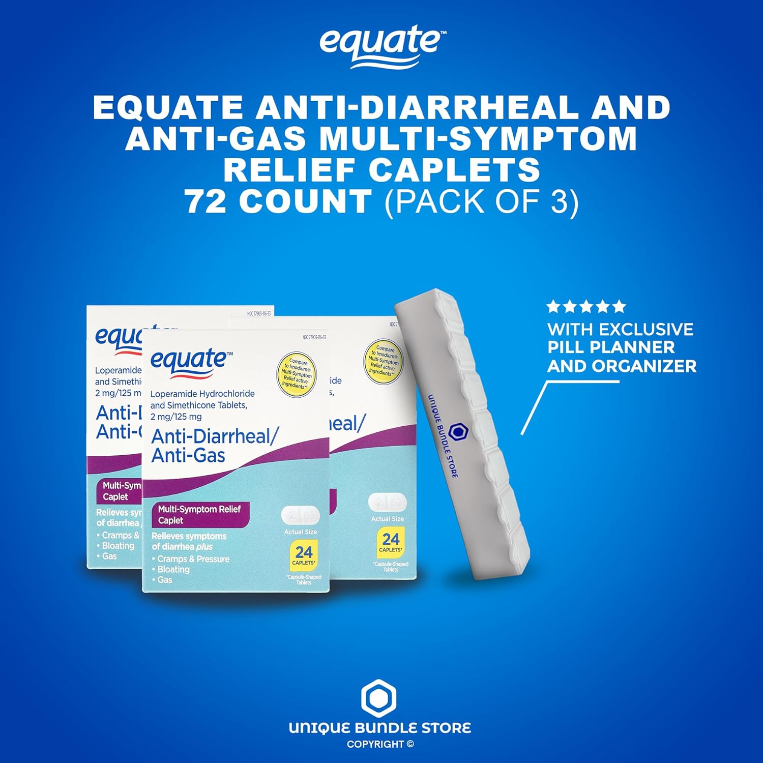 Unique Bundle Store Equate – Clorhidrato de loperamida, cápsulas de 24 unidades, alivio multisíntoma antidiarreico y antigas + organizador de