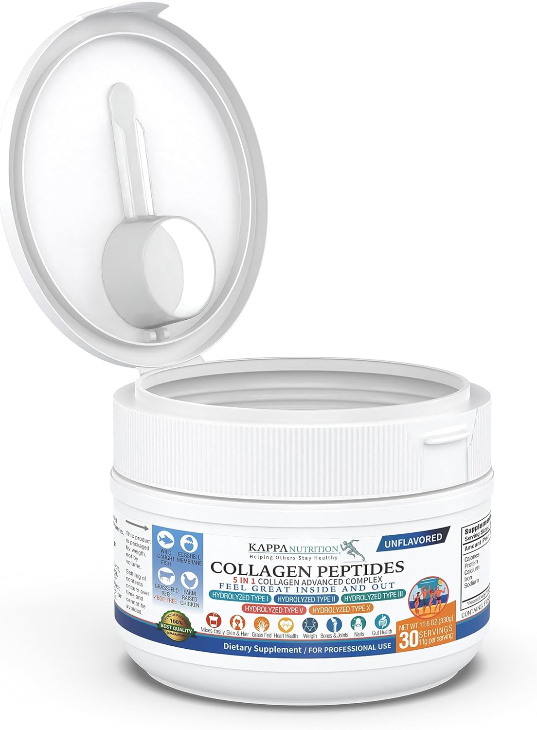 KAPPA NUTRITION Complejo de colágeno – Tipo I, II, III, V, X, alimentado con pasto, sin OMG, 30 porciones