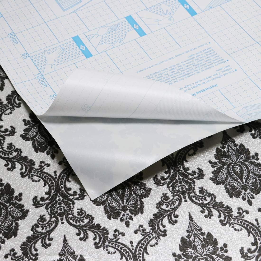 Papel tapiz autoadhesivo de 17.7 x 197 pulgadas, color negro y plateado, papel de contacto de damasco, papel de contacto autoadhesivo de película de