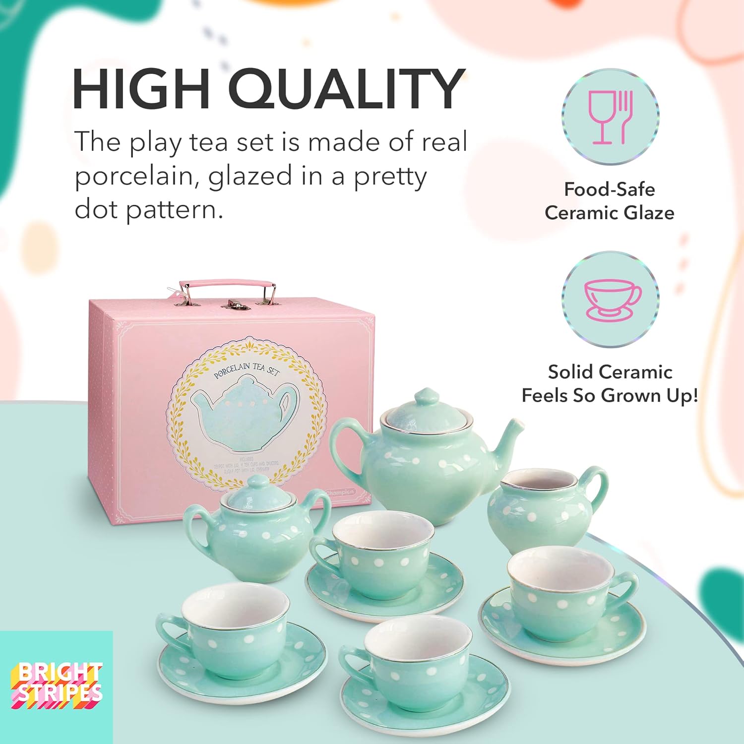 Juego de té de porcelana de 13 piezas para niños pequeños, juguetes de simulación con funda de transporte para diversión de fiesta de té, perfecto