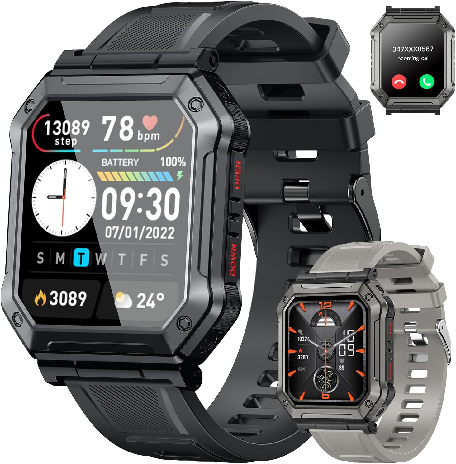 Reloj inteligente para hombre, rastreador de ejercicio (llamadarespuesta de llamadas) Bluetooth táctico militar reloj inteligente para teléfonos