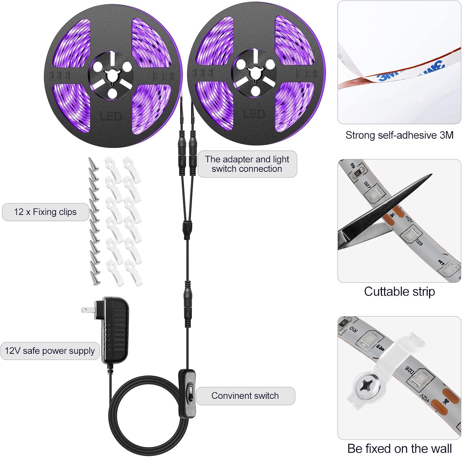 Kit de tira de luz LED negra impermeable IP65 de 40 pies39.4 ft, 720 LED, accesorios de luz negra flexible de 12 V, 385-400 nm, tiras LED de luz