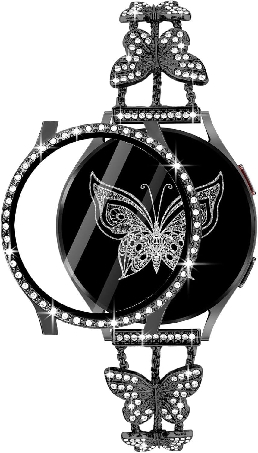 Shesyuki Correa brillante con funda compatible con Samsung Galaxy Watch 4 y 5 de 1.575 pulgadas, 1.732 pulgadas, elegante correa de acero inoxidable