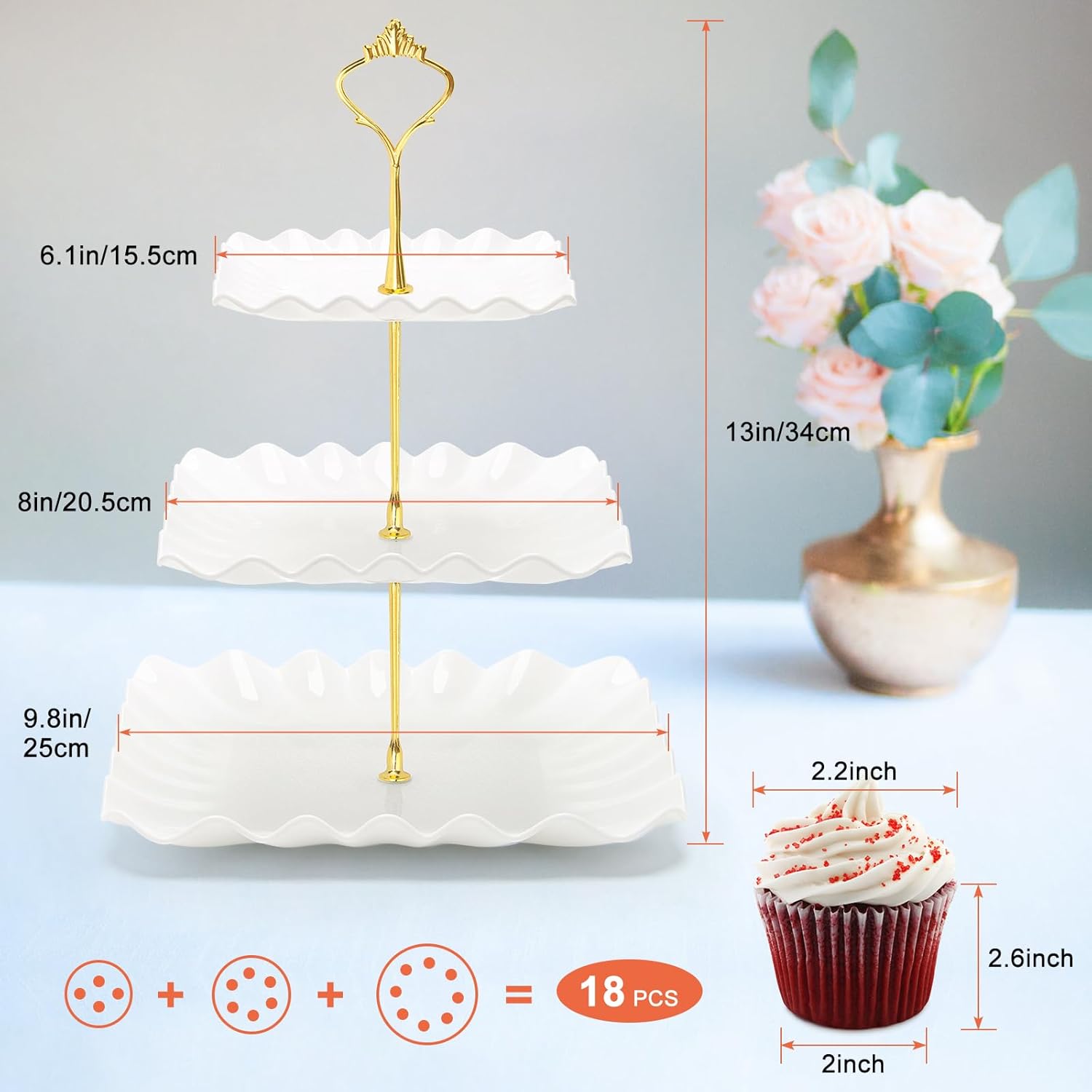 Coitak Soporte para cupcakes de 3 niveles, soporte de plástico escalonado, bandeja cuadrada para postres para fiestas de té, baby shower y boda