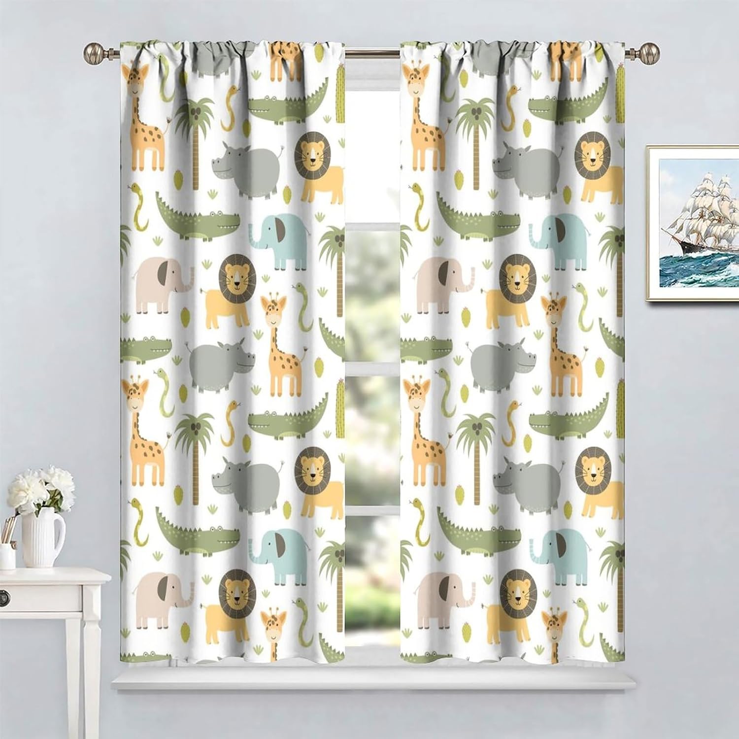 Cortinas de animales de safari para guardería, tratamiento de ventana para dormitorio de niños, bebé, niños, bosque, selva, bosque, león, elefante,