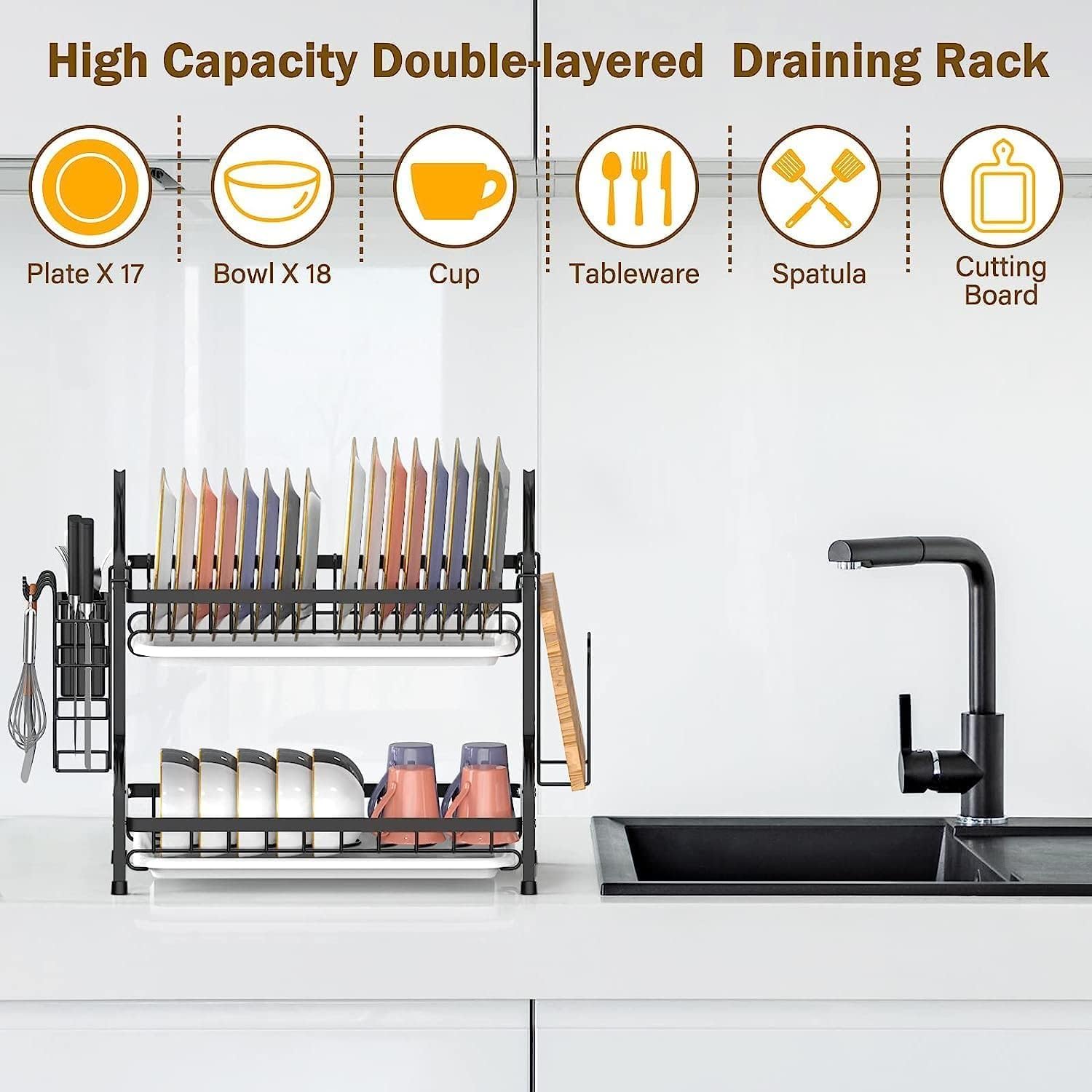 Escurridor de platos, juego de 2 niveles de acero inoxidable con soporte para cubiertos, soporte para tabla de cortar, escurridor de platos para