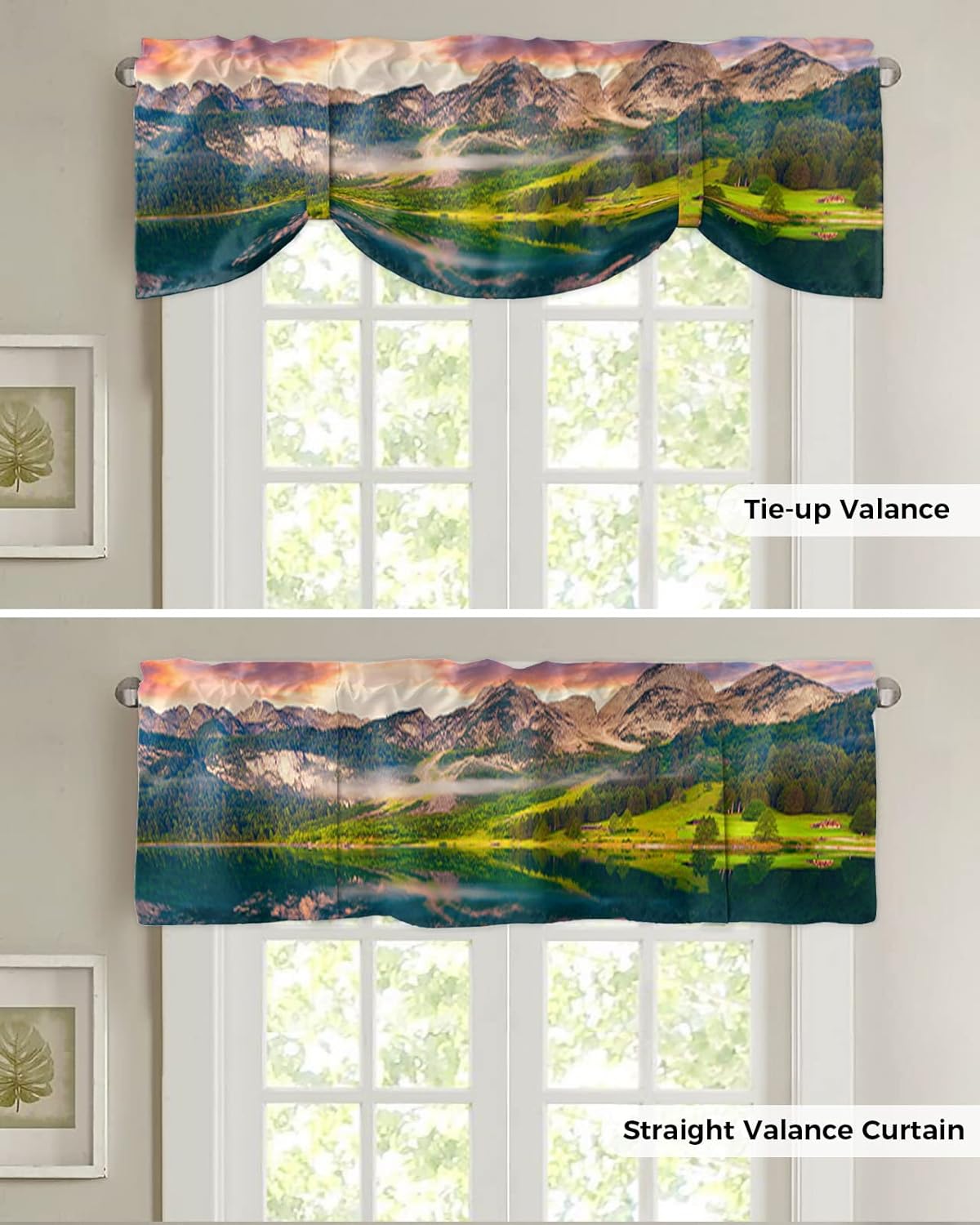 Tie Up Valances for Kitchen Windows, Natural Landscape Scenery Beautiful Dreamy Sundown Sunset Lake Rod Pocket Curtain Valance Window Topper for