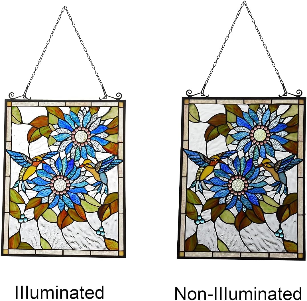 Capulina Paneles de vidrieras para colgar ventanas, girasoles y pájaros, estilo Tiffany, artesanías de arte tradicional para decoración del hogar y