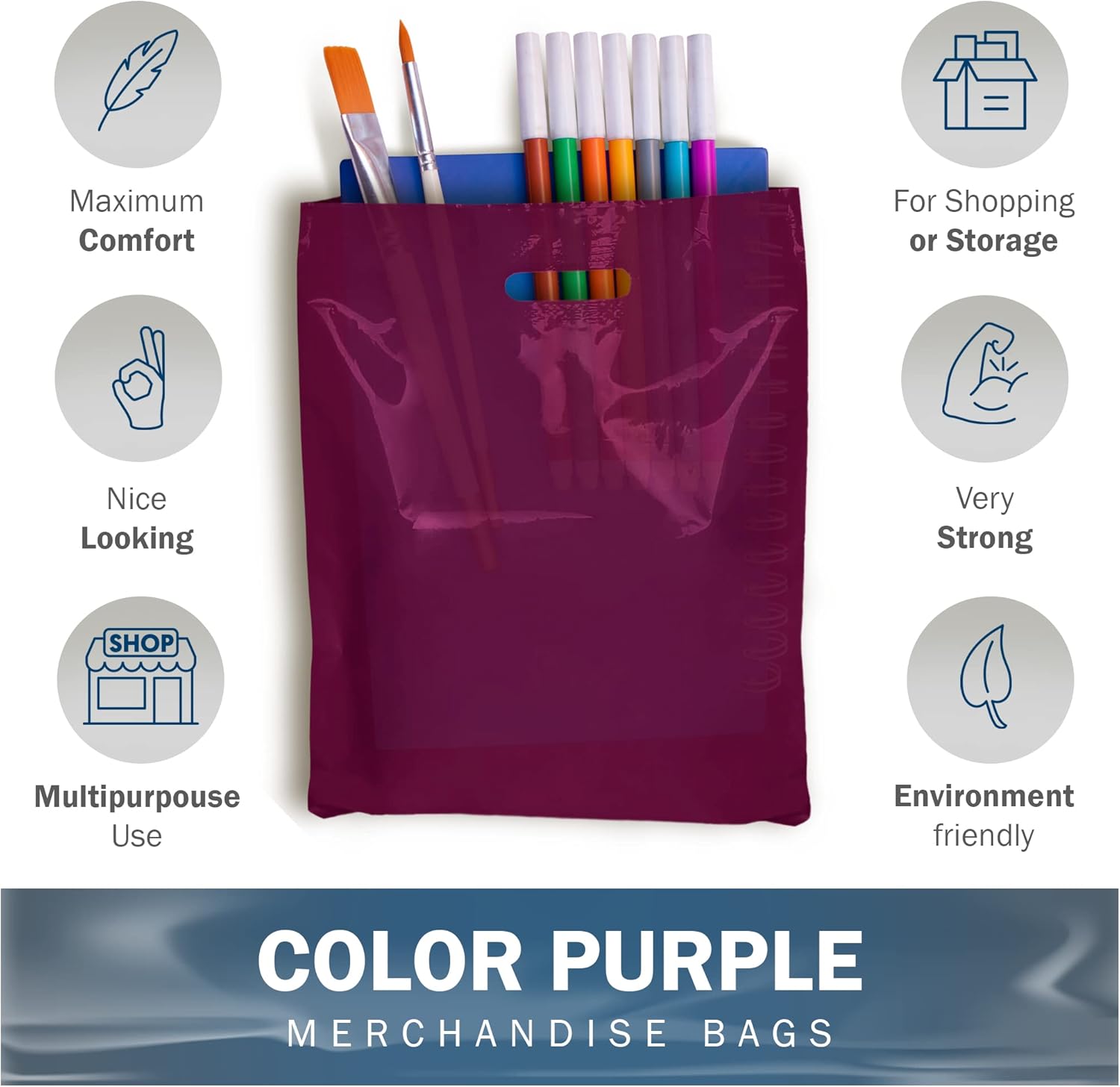 Purple Merchandise – Bolsas de plástico para compras, paquete de 100 unidades de 9 x 12 pulgadas con 1.5 mil de grosor, asas troqueladas, perfectas