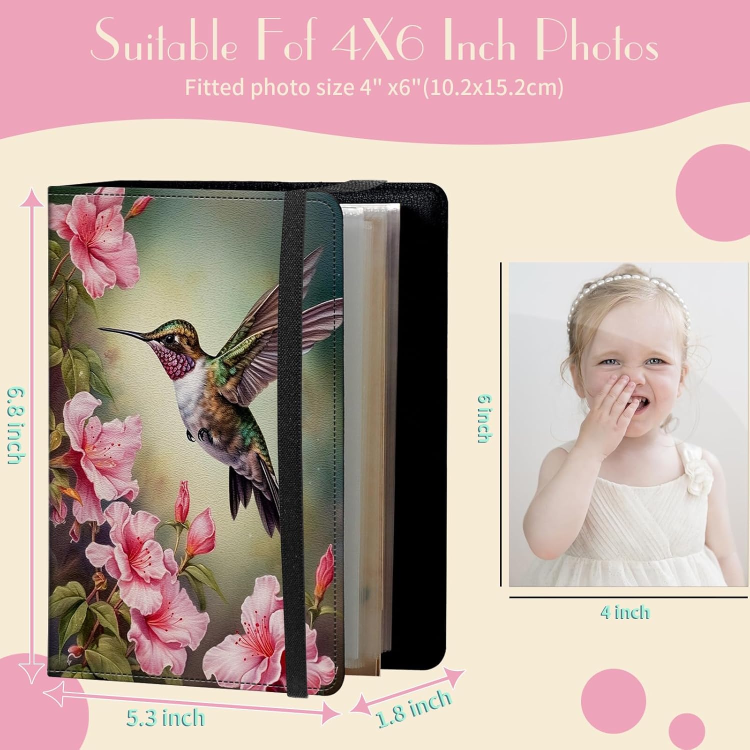 Álbum de fotos de 4 x 6 pulgadas, capacidad para 60 fotos, cubierta de piel sintética, álbum de fotos con banda elástica fuerte, álbum de fotos