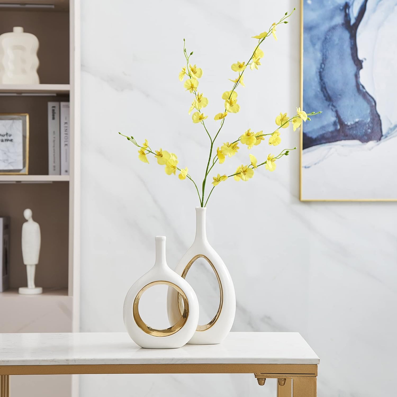 White Ceramic Vase Set 2 for Modern Home Decor, Hollow Round Flower Vases for Decor, Donut Vase, Pampas Grass Vase, Minimalism Decor for Wedding
