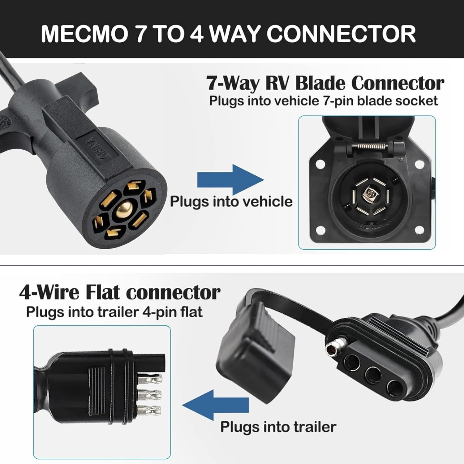MECMO Adaptador de remolque plano de 7 vías a 4 vías, arnés de cableado en espiral macho de 5 pies de 7 pines a 4 pines, cable de extensión de