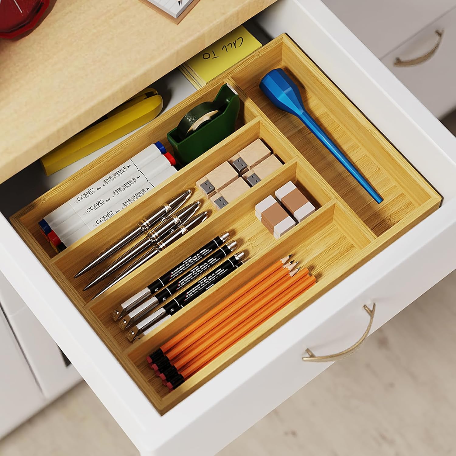Organizador de cajones de cocina de bambú, organizador de cubiertos para cajones de cocina, bandeja de utensilios y almacenamiento de cubiertos para