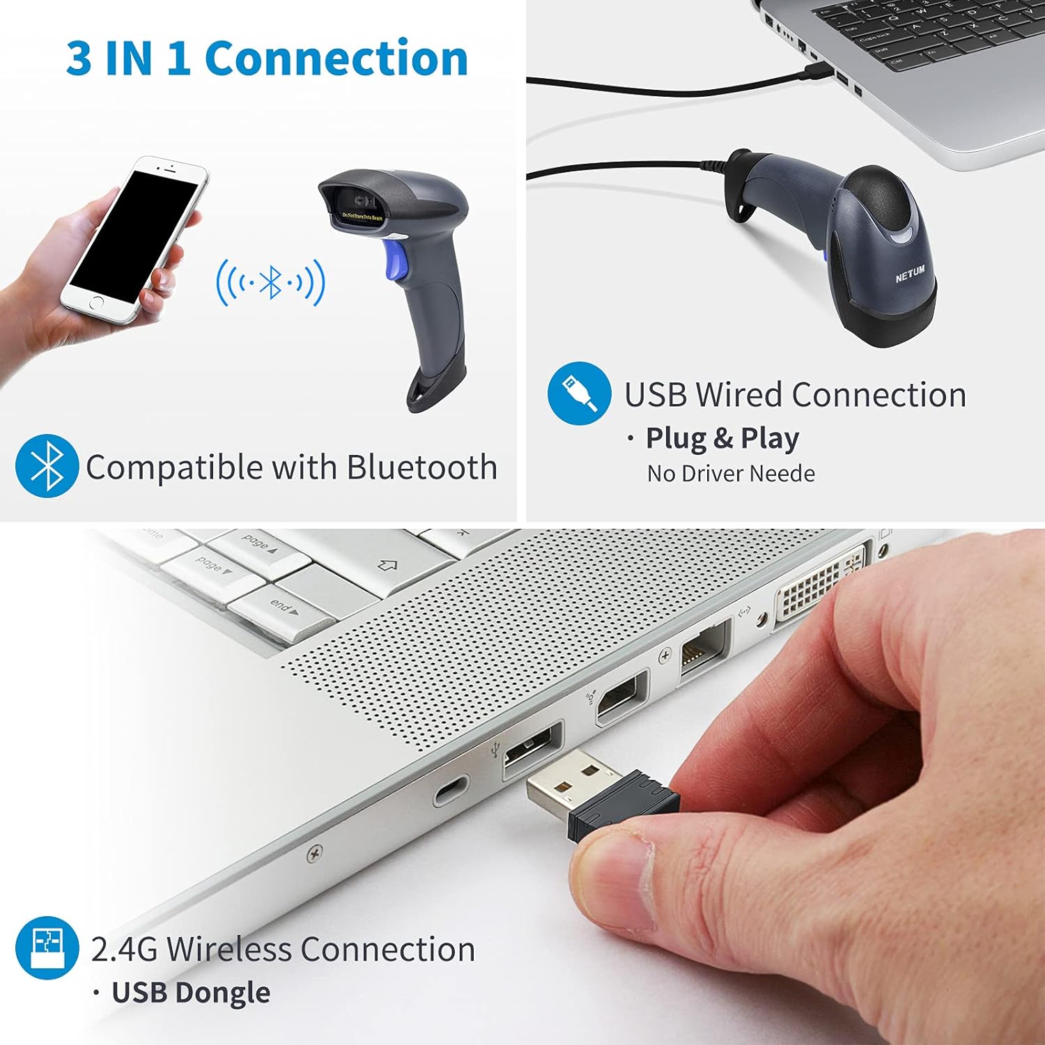 NETUM Escáner inalámbrico de código de barras QR 2D Bluetooth con soporte, lector automático de imágenes de código de barras 3 en 1, pistola escáner