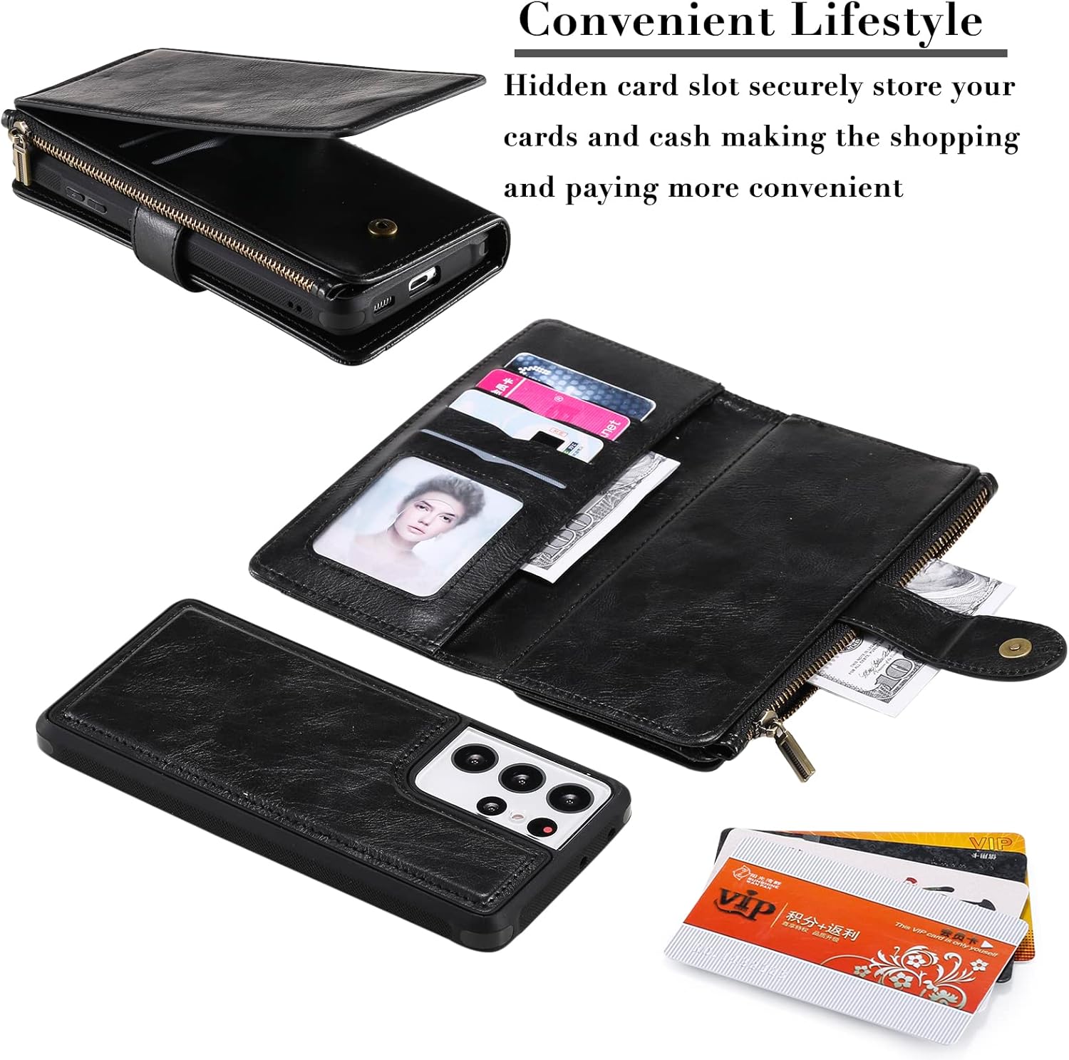 Asuwish Funda de teléfono para Samsung Galaxy S21 Ultra 5G con cremallera, protector de pantalla de vidrio templado y tarjetero de cuero, accesorios
