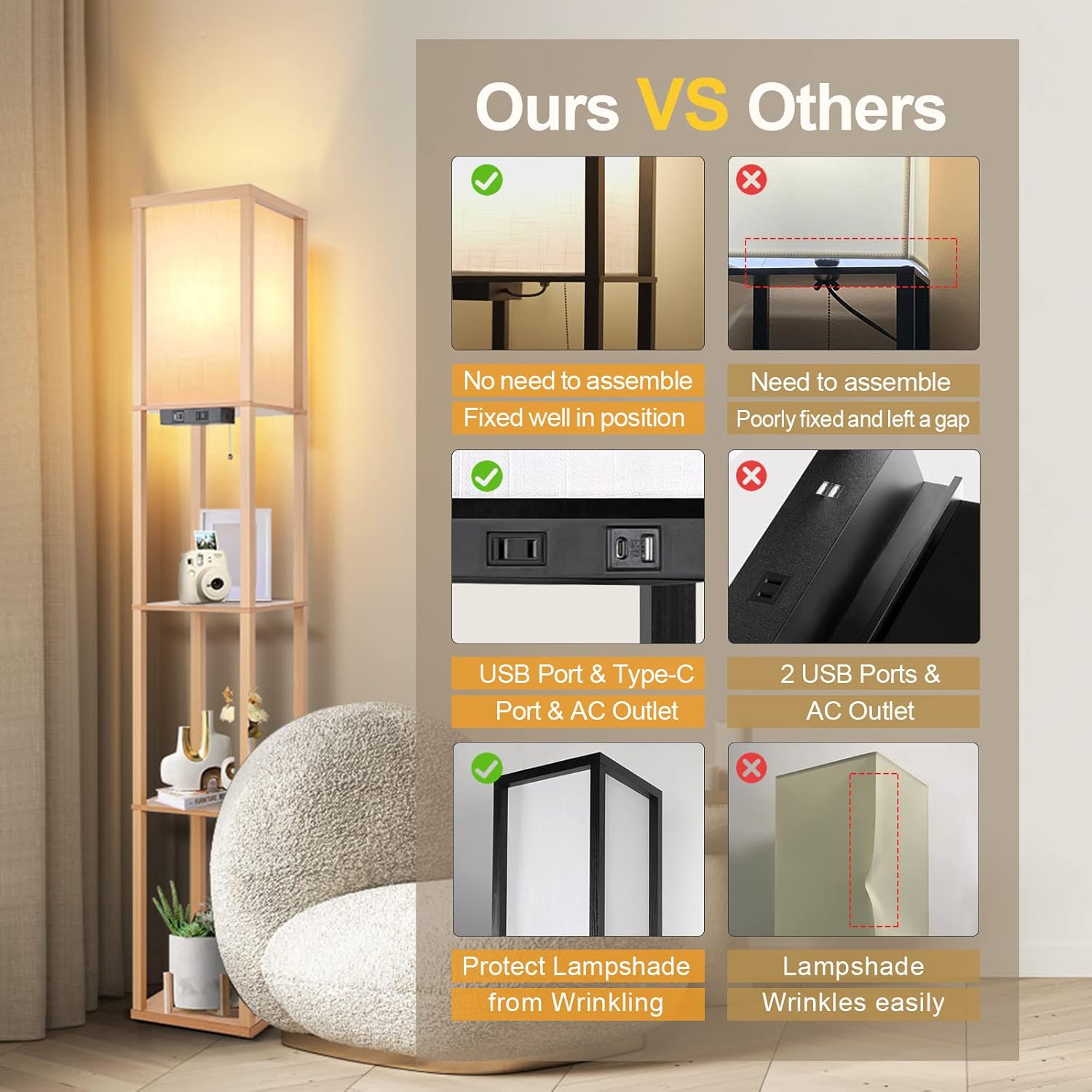 Outon – Lámpara LED de pie con estantes tipo columna, moderna y con puerto USB y toma de corriente, con almacenamiento hecho de madera, pantalla con