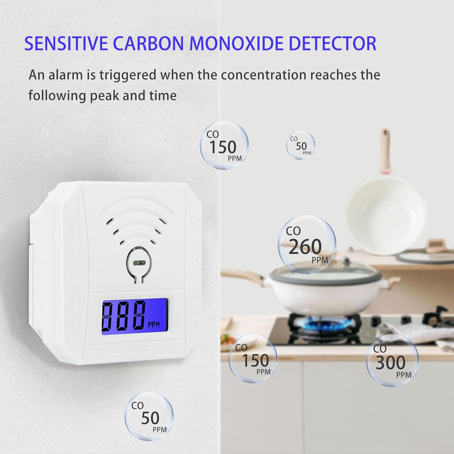 Detector de monóxido de carbono, mini alarma portátil de monóxido de carbono, alarma de monóxido de carbono con batería sin enchufe, color blanco