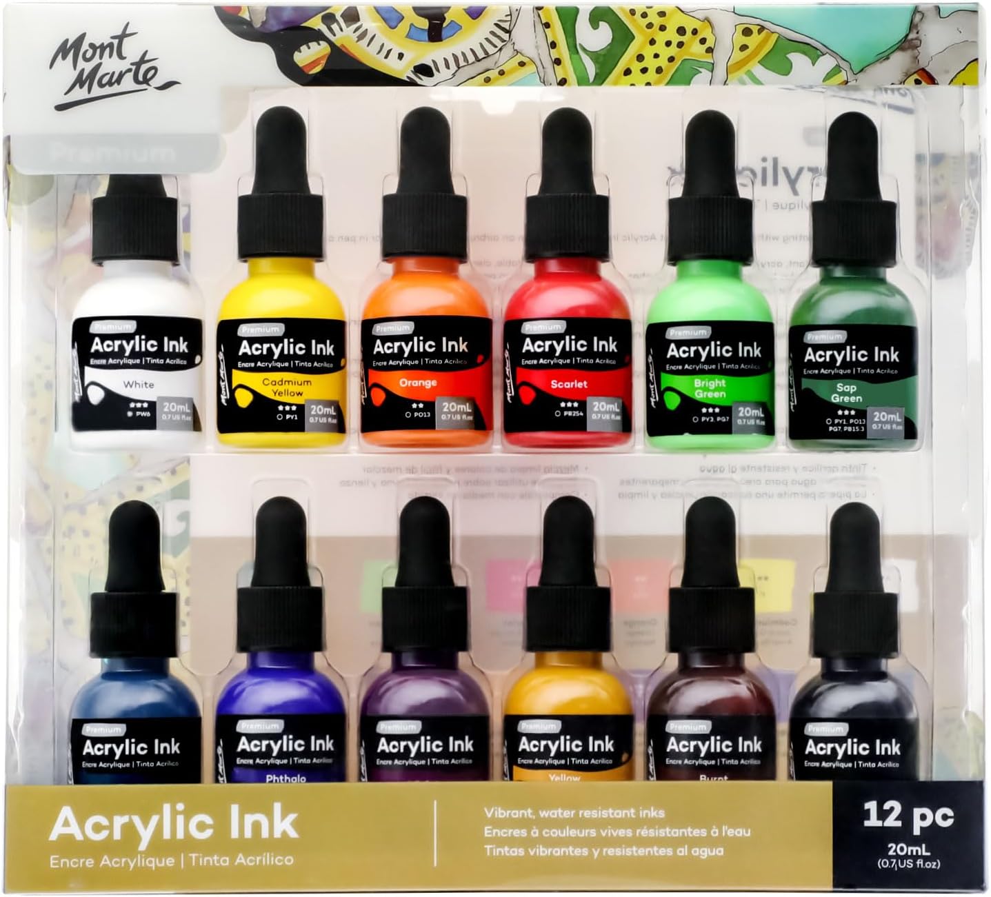 Mont Marte Tinta acrílica de alta calidad, 12 unidades x 0.7 fl oz (0.7 onzas líquidas), tintas acrílicas para artistas, colores esenciales, ideal