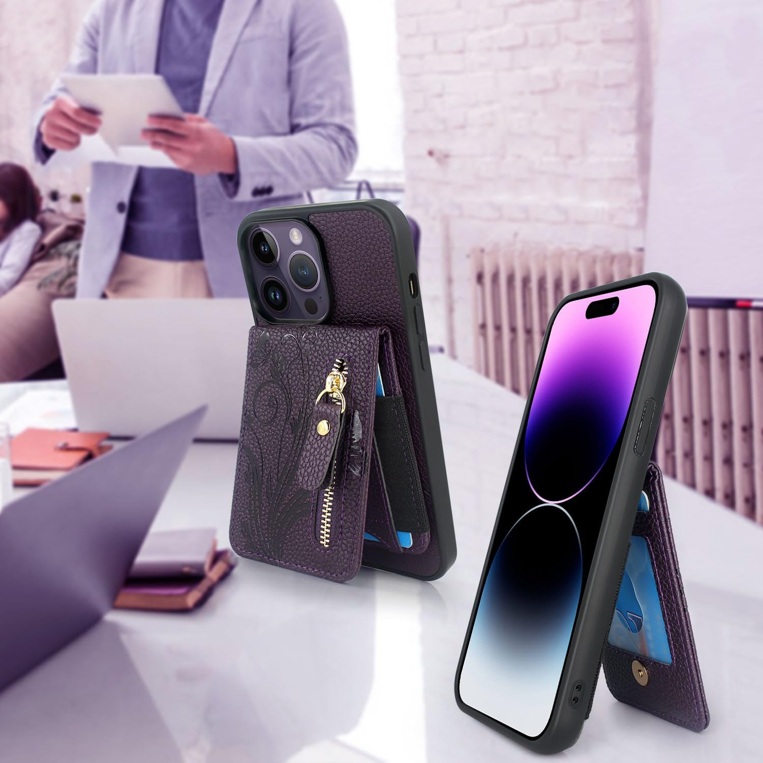 Lacass Funda compatible con MagSafe Case Wallet para iPhone 15 Pro de 6.1 pulgadas, tarjetero magnético desmontable con cremallera (floral morado