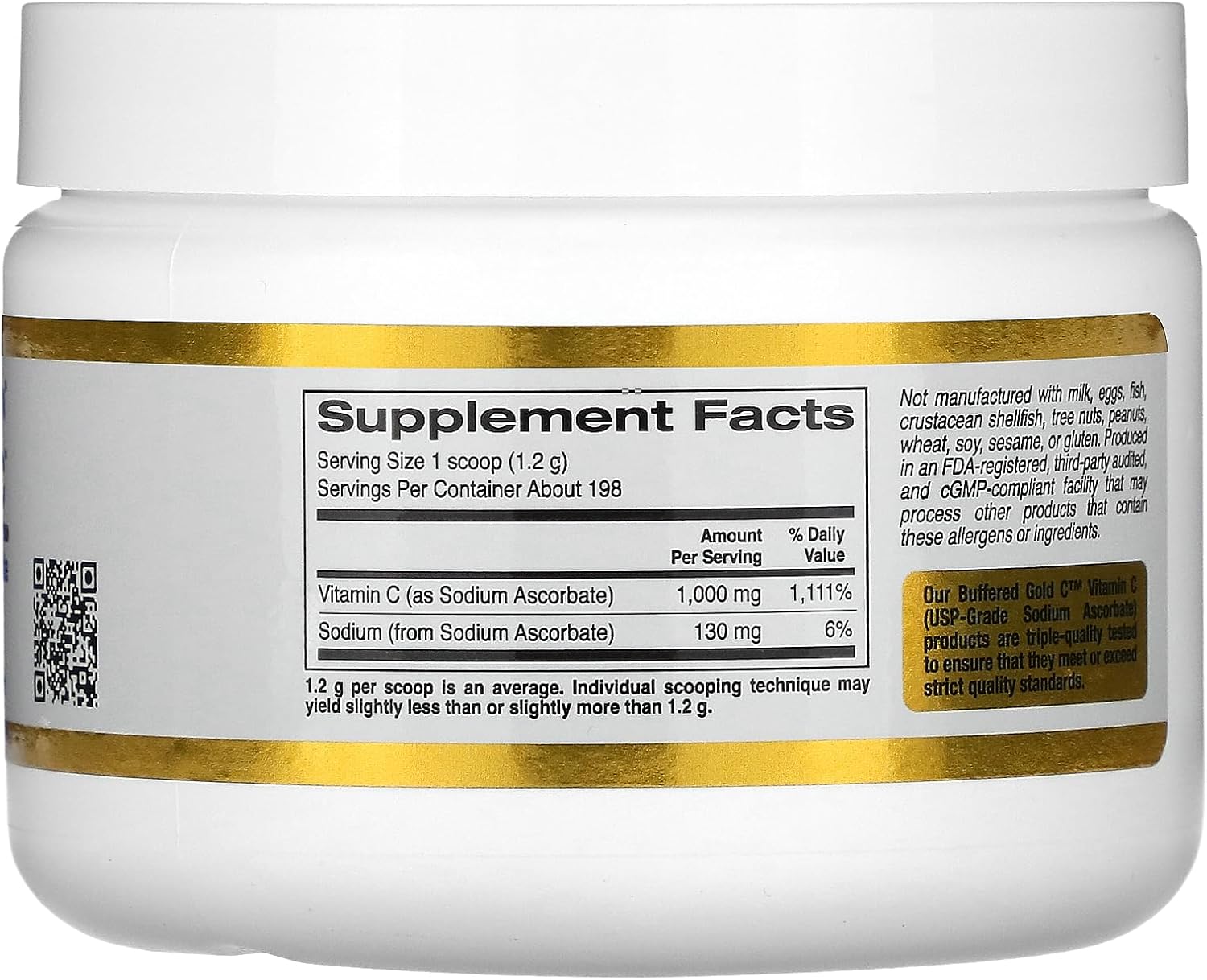 Polvo de vitamina C tamponada, no ácido, oro C, ascorbato de sodio de grado USP, adecuado para veganos y vegetarianos, 8.40 oz (238 g)