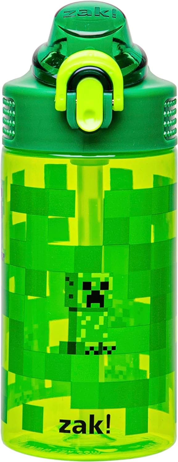 Zak Designs Sage Minecraft Botella de agua para niños, escuela o viajes, plástico duradero, 16onzas, con popote, asa, tapa, boquilla abatible, a