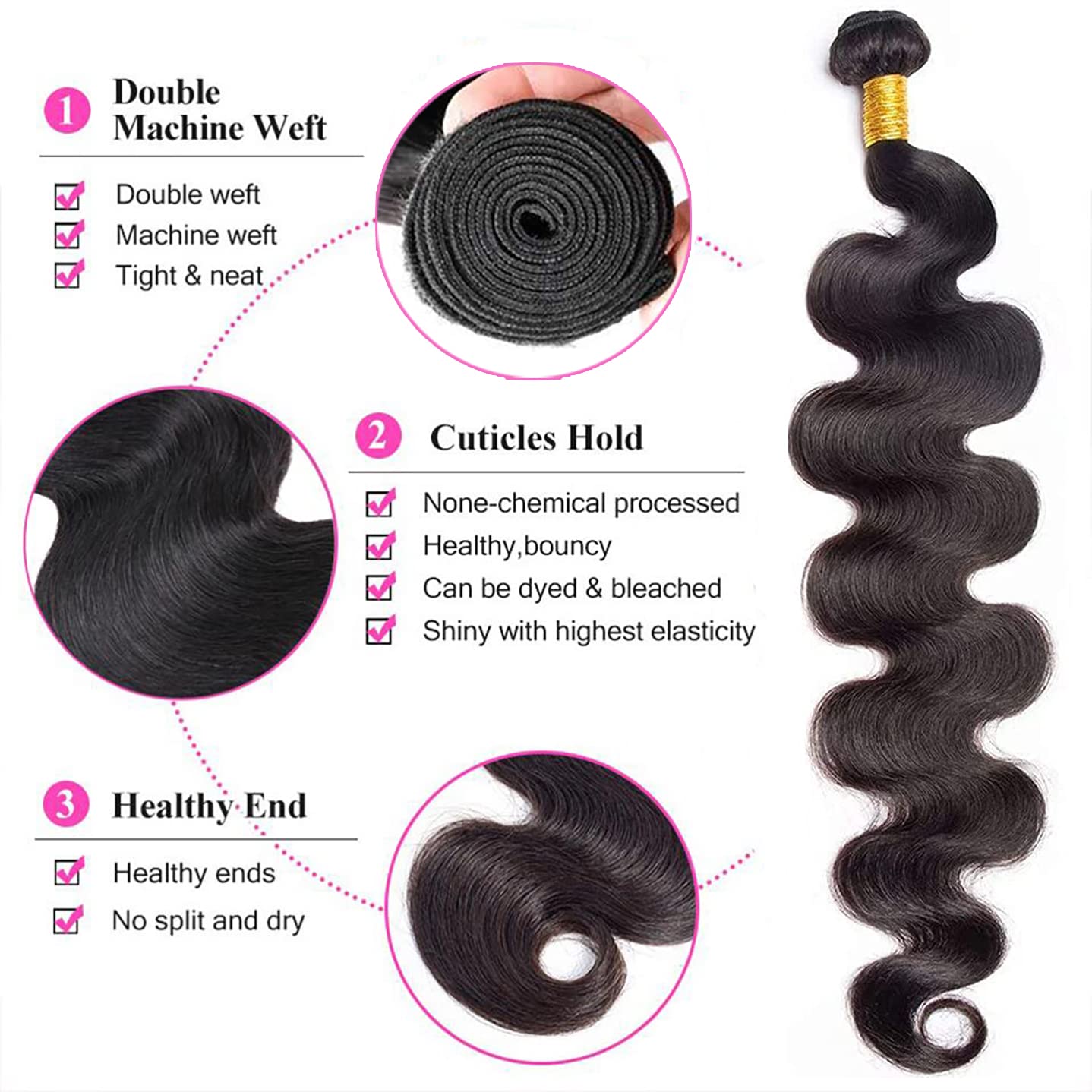 Releek Extensiones con 4 manojos de cabello brasileño ondulado con cierre, 100% cabello humano virgen Remy con cierre de encaje suizo marrón medio,