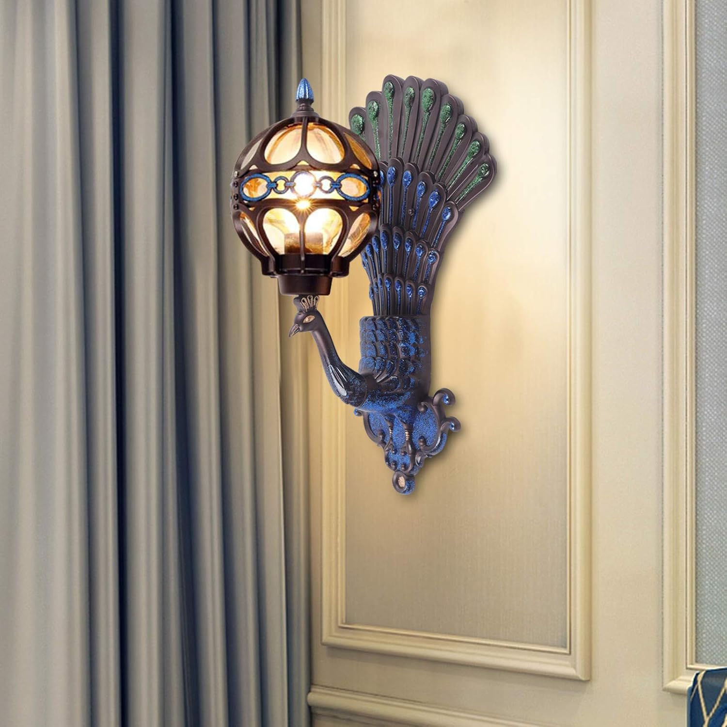 SHIOUCY Aplique de pared LED, lámpara de pared metálica vintage de mediados de siglo, lámpara de esfera Art Deco con placa trasera de pavo real para