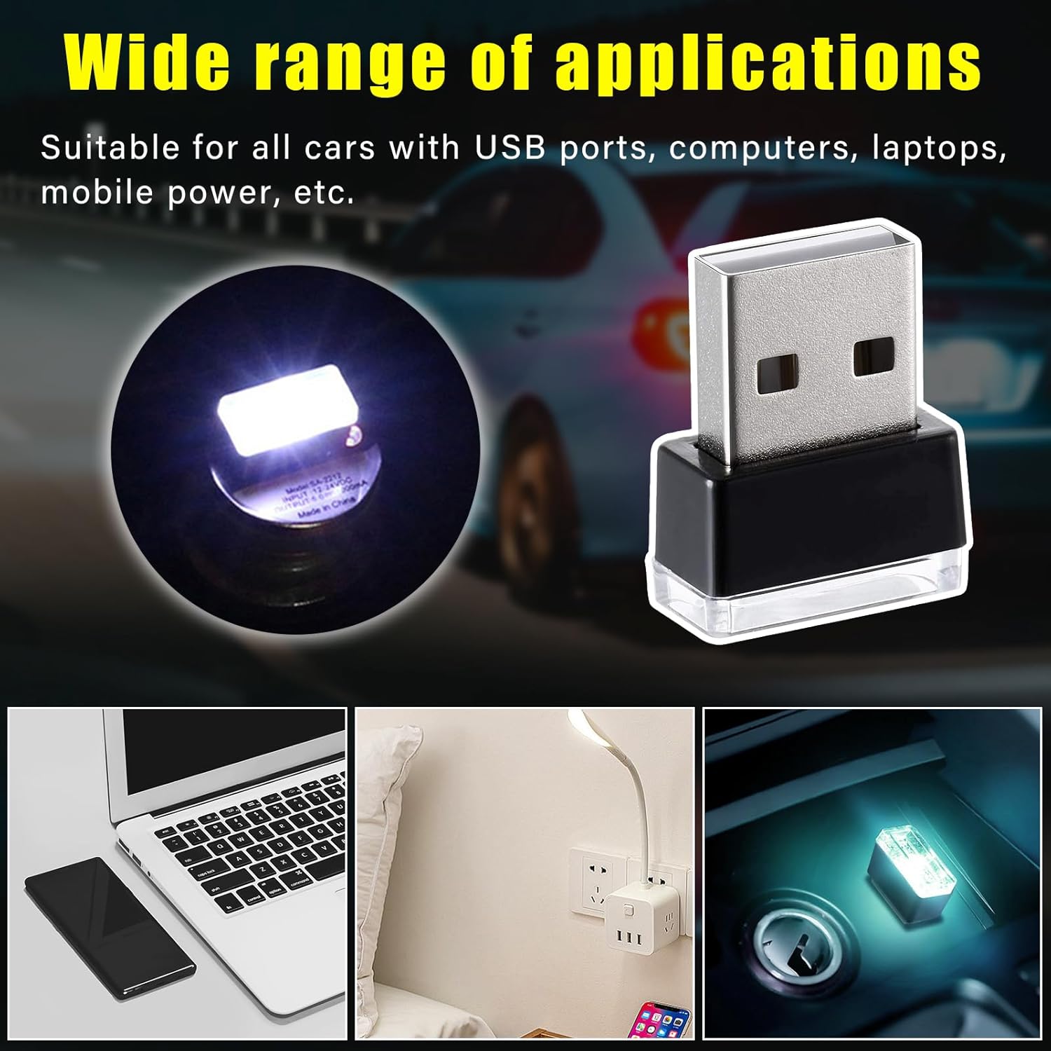 Augeny 4 lámparas LED USB para el interior del automóvil, luz nocturna de decoración USB enchufable, kit de iluminación ambiental portátil para