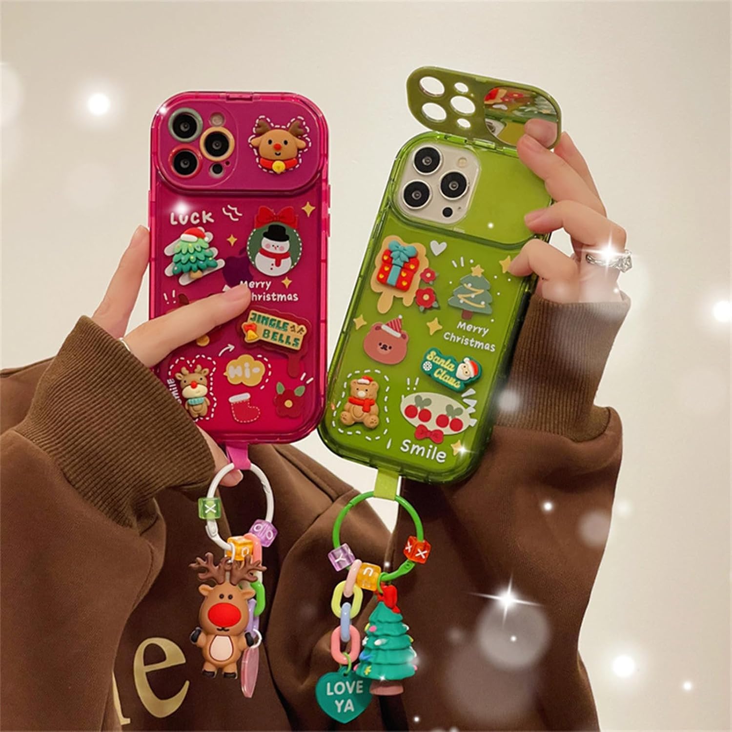 Funda con colgante de árbol de Navidad con espejo abatible para iPhone 15, 14, 13, 12 Series (rojo B, para iPhone 13 Pro Max)