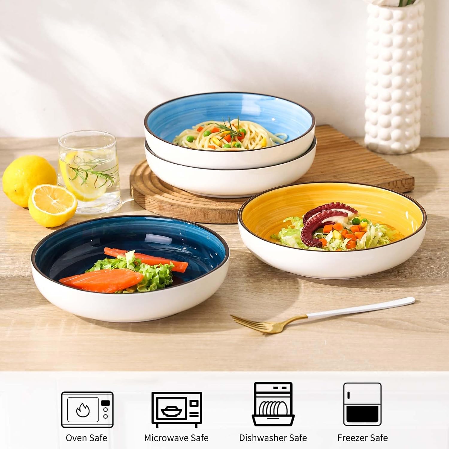 Tazones para pasta, 40 onzas, grandes ensaladeras, juego de 4, platos de cerámica para sopa para cocina, microondas y lavavajillas, varios colores