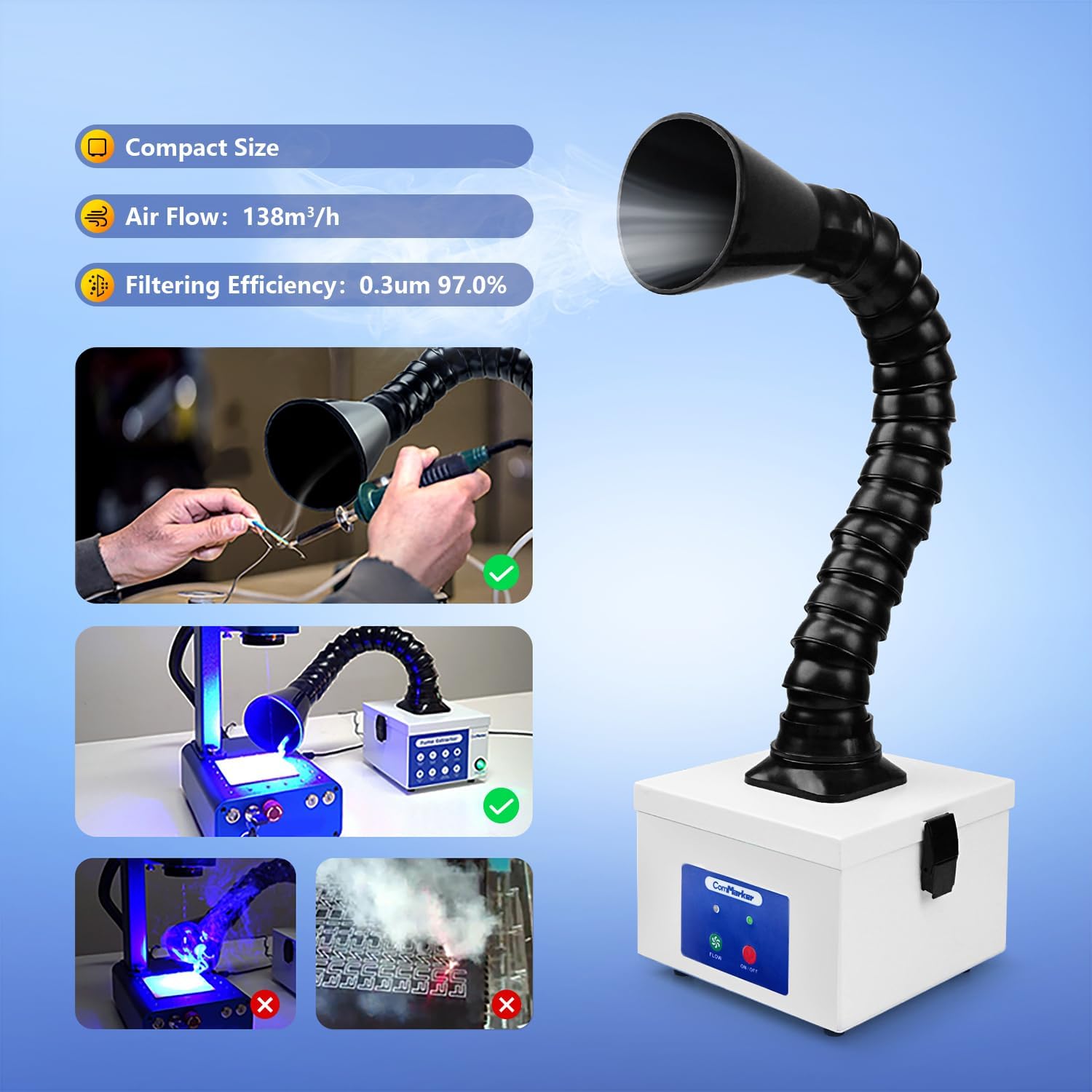 ComMarker Extractor de humos de soldadura de 30 W, amortiguador de prevención de humo, ventilador de trabajo para estación de soldadura (110 V)