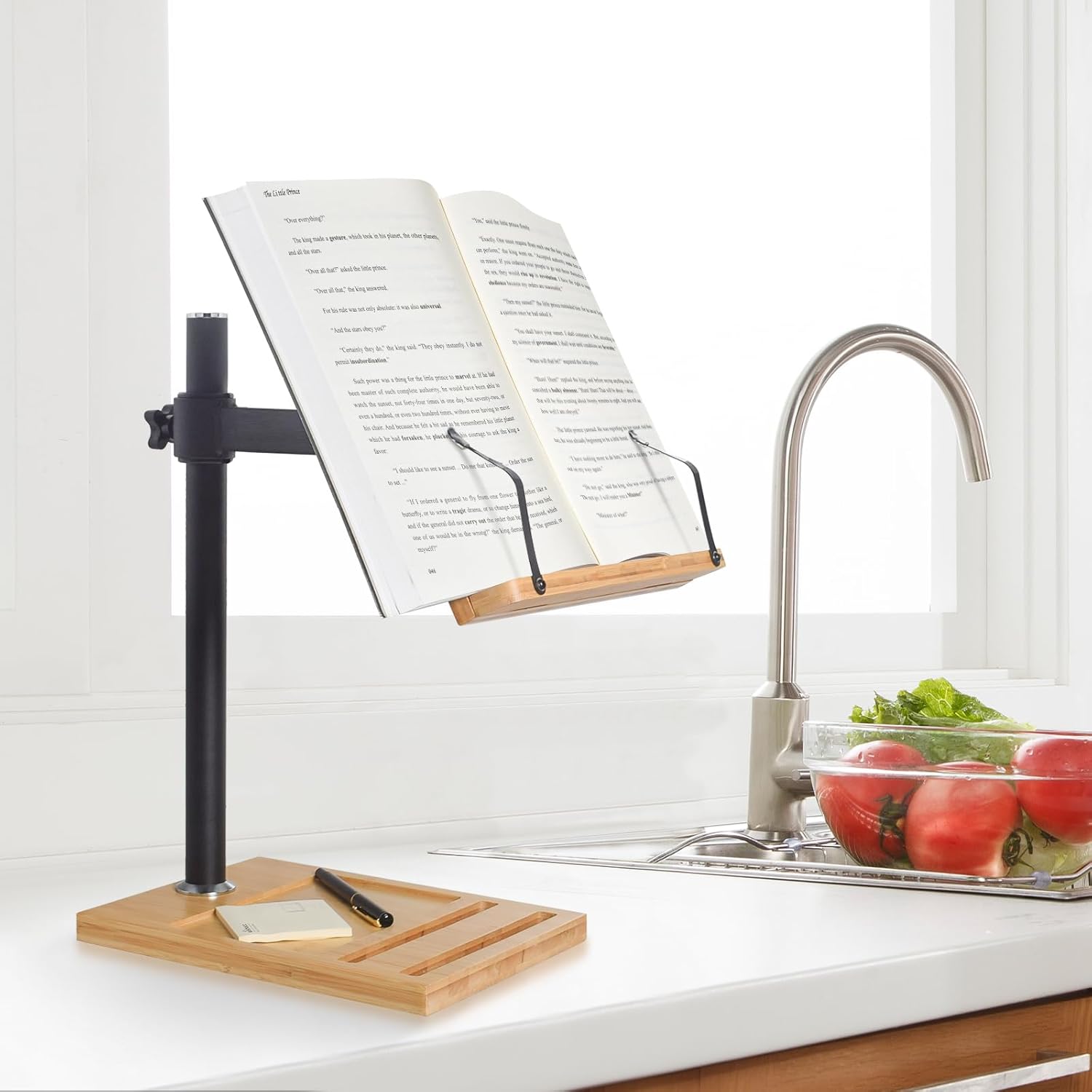 wishacc – Soporte ajustable para libros, con ranura para teléfono y clips para página, plegable para libros de cocina, partituras, laptop, receta,
