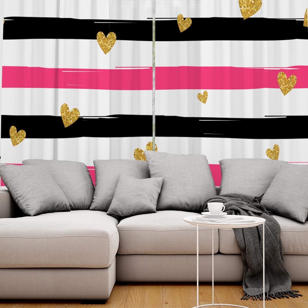Blackout Curtains Thermal Insulated Pink Black White Stripes Gold Heart Shape Solid Pattern Metal Grommet Elegant Room Drapes Window Curtain for