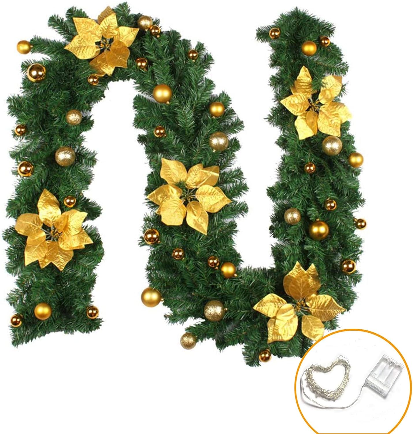 Guirnalda de Navidad de 9 pies, flores artificiales preiluminadas, decoración de guirnalda de Navidad, guirnalda de Navidad a pilas con luces para