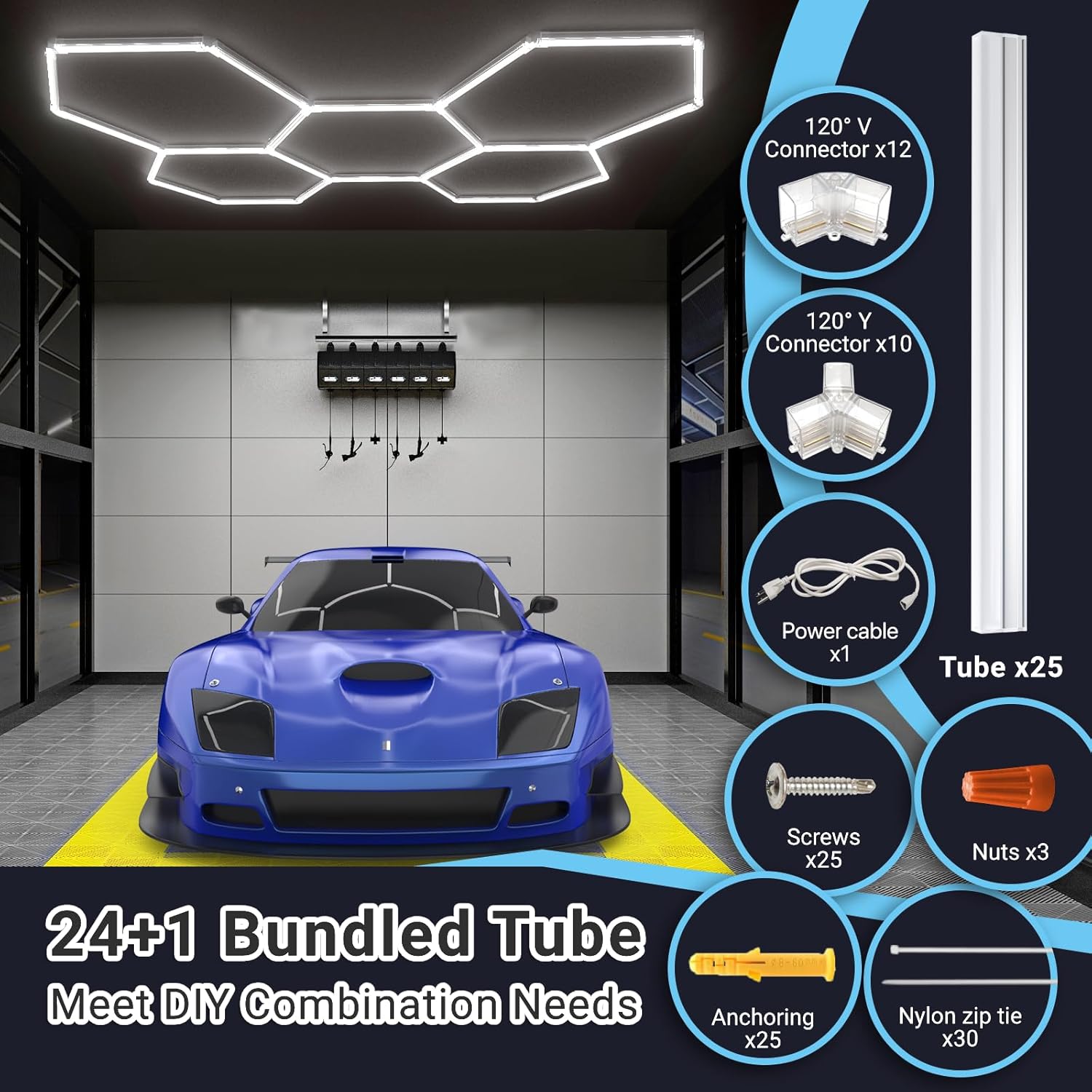 HYPERLITE Luces hexagonales de garaje, luces de panal de abeja, 5 sistemas de rejilla de 6500 K, luz de techo hexagonal para detalles de automóvil,