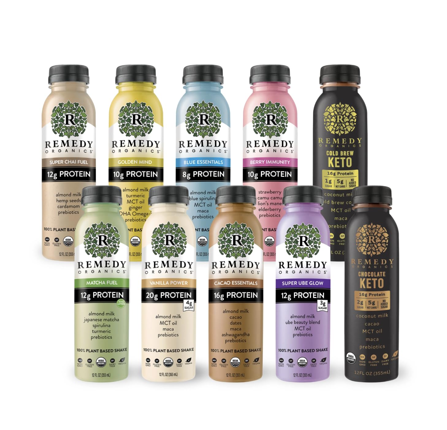 Remedy Organics Surtido variado de 10 paquetes  Batidos de proteínas a base de plantas, listos para beber  USDA orgánico, sin gluten, sin lácteos,