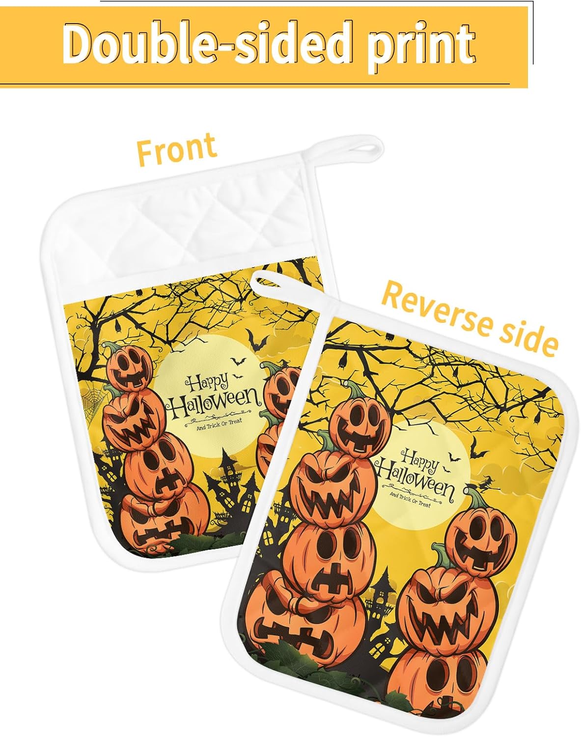 Halloween 2Pcs Pot Holders for Kitchen, Non Slip & Heat Insulation Terry Cloth Potholder Set with Pocket, Thick Hot Pad Oven Mitts Trivet Coaster