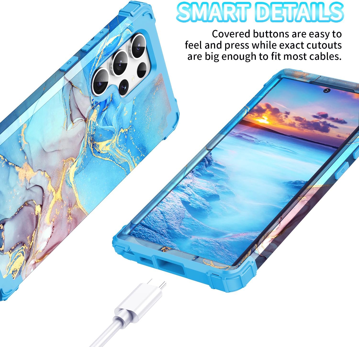 Funda para Galaxy S23 Ultra, diseño de mármol, tres capas, resistente, a prueba de golpes, híbrida, de plástico duro, goma de silicona suave, funda