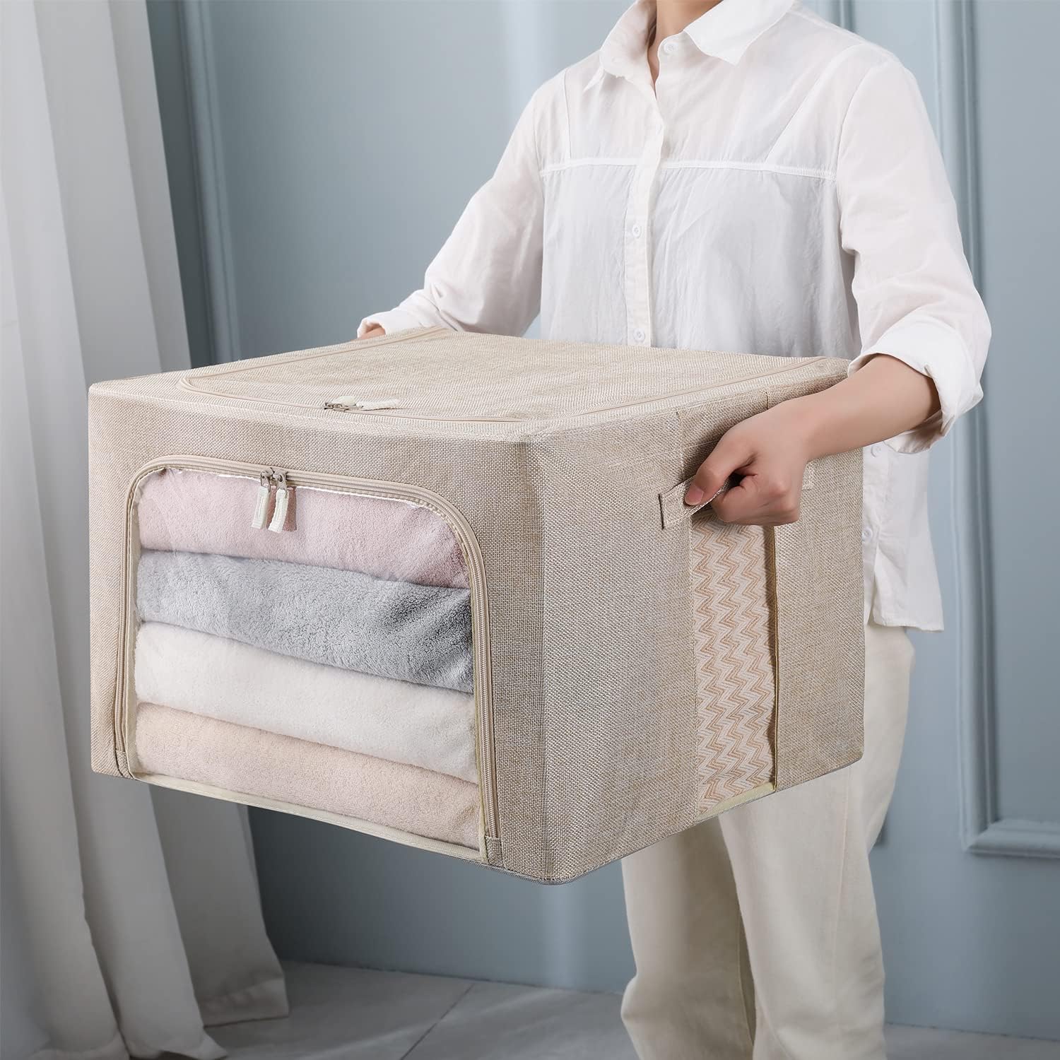 Paquete de 3 contenedores plegables de almacenamiento, caja de almacenamiento de tela de lino, apilable, organizador de ropa con ventana