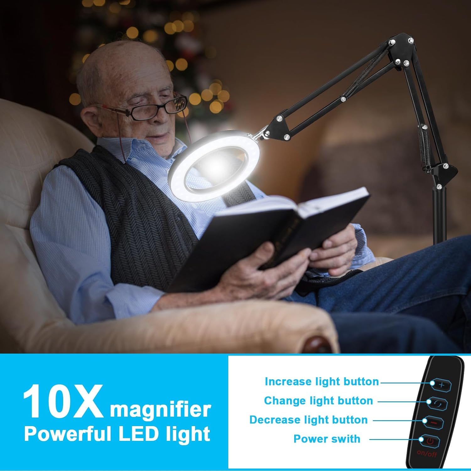 Lupa 8X con luz y soporte, 3 temperaturas de color, lámpara de pie con aumento de brillo ajustable, lupa iluminada con brazo oscilante para lectura,