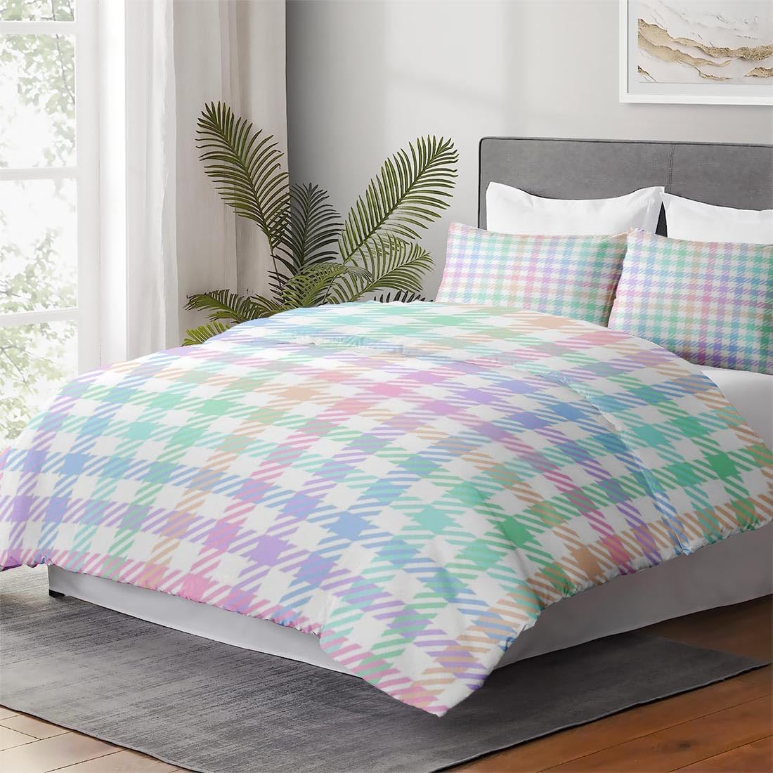 Juego de funda de edredón, juego de ropa de cama a cuadros de arcoíris dulce a cuadros para niños y adultos, decoración de dormitorio colorido de