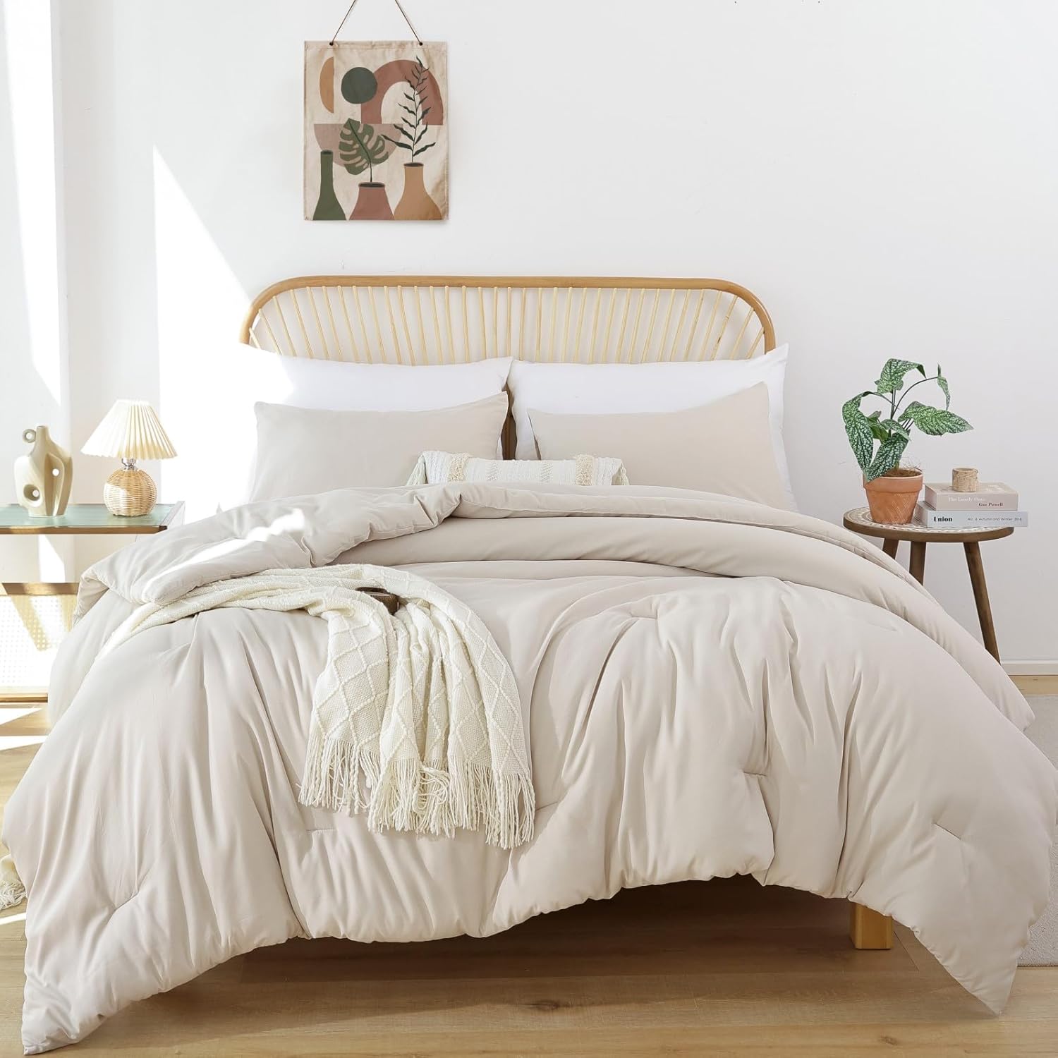 ROSGONIA Juego de edredón beige tamaño Queen, 3 piezas (1 edredón beige bohemio y 2 fundas de almohada), ropa de cama ligera y suave para todas las