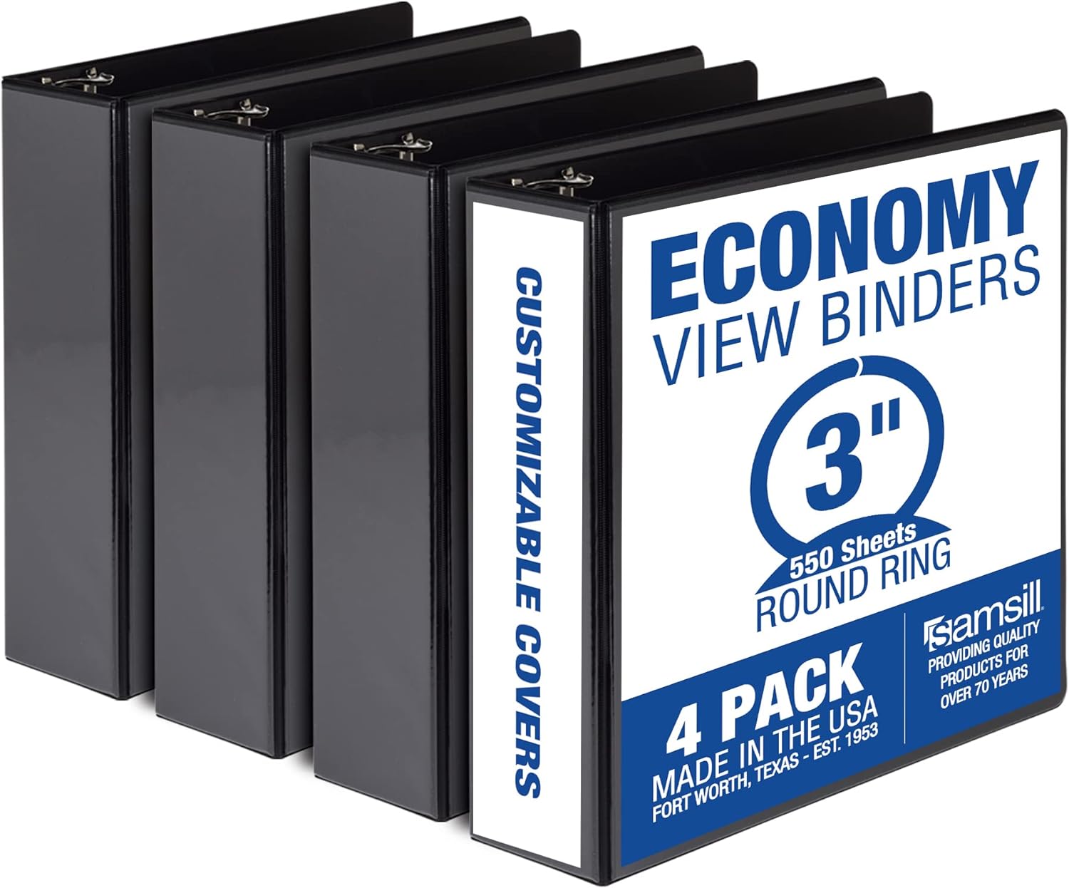 Samsill Economy – Carpeta de 3 anillos redondos de 2 pulgadas, color negro, paquete de 4 (MP48560) y carpeta económica de 3 anillos de 3 pulgadas,