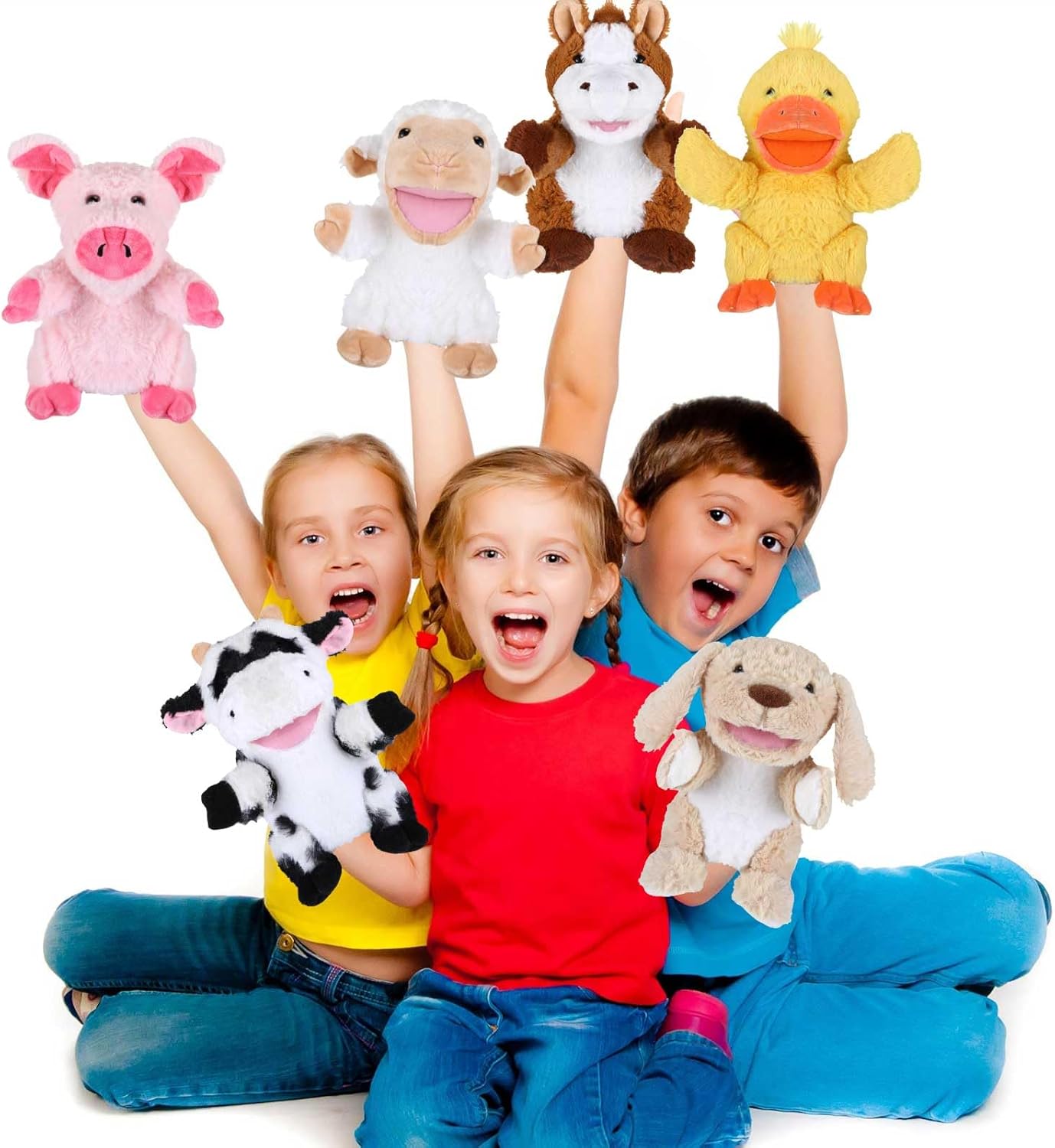 6 marionetas de mano de animales para niños, marionetas de mano con boca de trabajo, juguete de peluche para espectáculos, teatro, cumpleaños, cesta